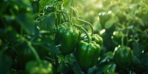 Canvas Print - Vibrant green bell peppers flourishing in a backyard garden.