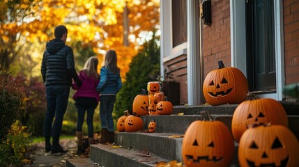 Family Enjoying Autumn Outdoors with Jack-o'-Lanterns