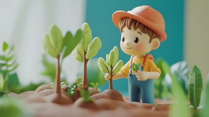 Aufkleber - 3D Clay Character Planting Trees to Promote Energy Conservation and Sustainability