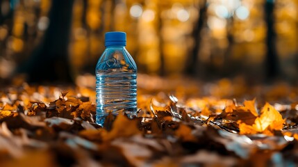 Poster - Cozy Autumn Water Bottle Among Vibrant Forest Foliage with Soft Warm Lighting