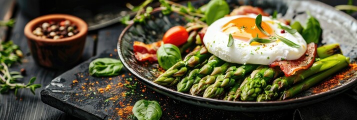 Wall Mural - Asparagus with Poached Egg, Crispy Bacon, Microgreens, and Spices in a Homemade Breakfast Setting