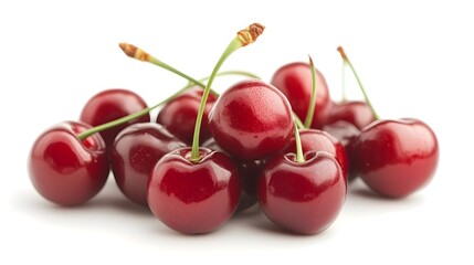 Aufkleber - Fresh Ripe Cherries with Green Stems on White Background