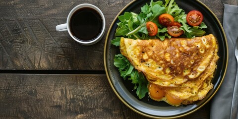 Sticker - A ceramic plate with a three egg omelet accompanied by fresh green salad leaves and a cup of hot coffee