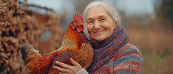 An old lady with a chicken in her hand. The elderly farmer is overjoyed with her herd.