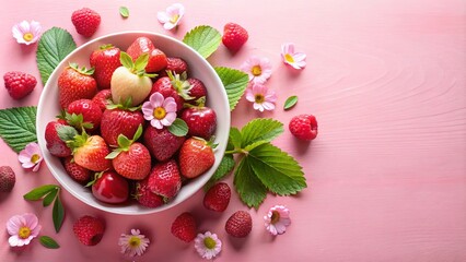 Close up of a bowl of strawberries and raspberries on pink background with leaves and flowers