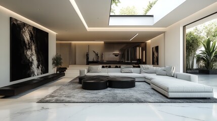 Modern living room with white sectional sofa, two black coffee tables, grey rug, and a large painting.