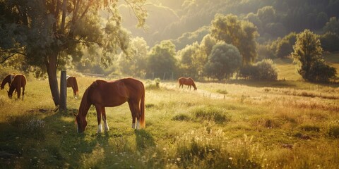 Sticker - Horses grazing in a sunlit meadow