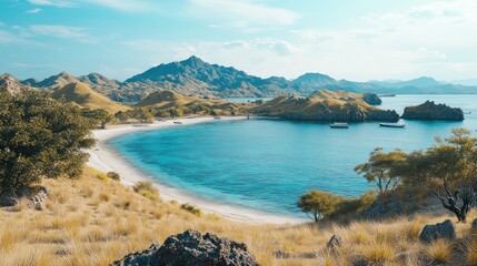 Wall Mural - Tranquil Beach Scene with Lush Green Hills