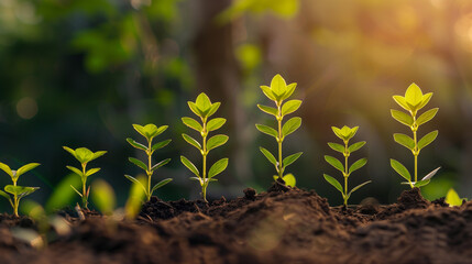 Young plants growing in fertile soil with sunlight, representing growth and sustainability