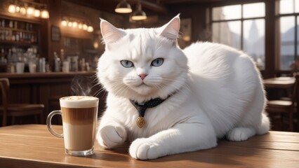 Wall Mural - Cat enjoy coffee on bar table