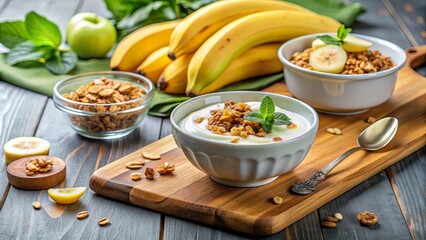 A delicious and healthy breakfast with yogurt, bananas, and granola on a cutting board, with a bowl of bananas in the background