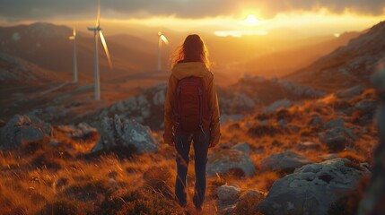 A traveller is enjoying the sunset near wind turbines in a serene mountain landscape