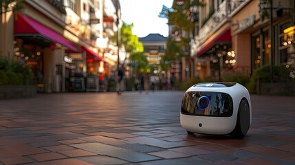 Sticker - Autonomous delivery bot with temperature-controlled compartment, compact and white, navigating a shopping district, under bright daylight