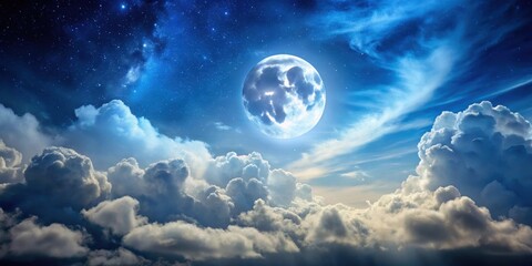 Sticker - Nighttime sky with clouds and bright full moon shining , Moon, Night, Sky, Clouds, Stars, Bright, Glow, Lunar