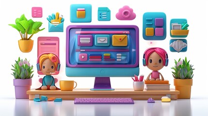 Wall Mural - Call center, online customer support. Contact Us Customer Service For Personal Assistant Service, Person Advisor and Social Media Network. 3D Web Vector Illustrations