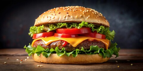 Hot and fresh tasty burger on a sesame seed bun with juicy beef patty, melted cheese, lettuce, tomato, and condiments, burger, tasty