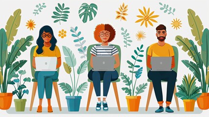 Wall Mural - Cartoon characters graphic design workers, online chats and abstract web page frames. Geometric shapes, online worker concept with laptop in doodle style. Creative people artists with pencils