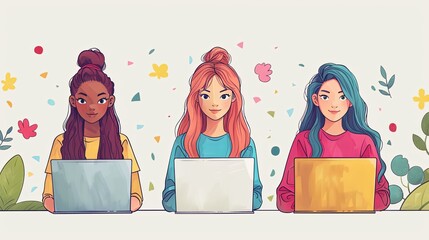 Wall Mural - Cartoon characters graphic design workers, online chats and abstract web page frames. Geometric shapes, online worker concept with laptop in doodle style. Creative people artists with pencils