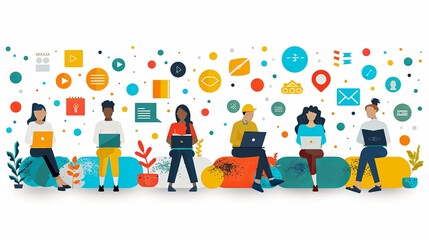 Wall Mural - Cartoon characters graphic design workers, online chats and abstract web page frames. Geometric shapes, online worker concept with laptop in doodle style. Creative people artists with pencils