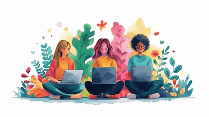 Wall Mural - Cartoon characters graphic design workers, online chats and abstract web page frames. Geometric shapes, online worker concept with laptop in doodle style. Creative people artists with pencils
