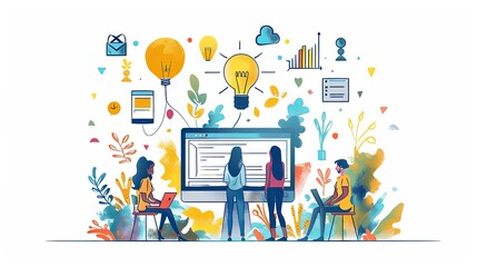 Wall Mural - Cartoon characters graphic design workers, online chats and abstract web page frames. Geometric shapes, online worker concept with laptop in doodle style. Creative people artists with pencils