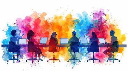 Wall Mural - Cartoon characters graphic design workers, online chats and abstract web page frames. Geometric shapes, online worker concept with laptop in doodle style. Creative people artists with pencils