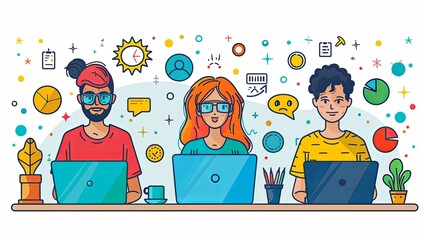 Wall Mural - Cartoon characters graphic design workers, online chats and abstract web page frames. Geometric shapes, online worker concept with laptop in doodle style. Creative people artists with pencils