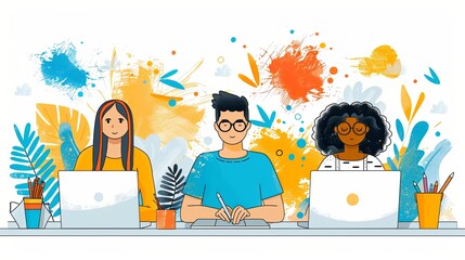 Wall Mural - Cartoon characters graphic design workers, online chats and abstract web page frames. Geometric shapes, online worker concept with laptop in doodle style. Creative people artists with pencils