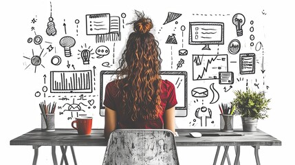 Wall Mural - Cartoon characters graphic design workers, online chats and abstract web page frames. Geometric shapes, online worker concept with laptop in doodle style. Creative people artists with pencils