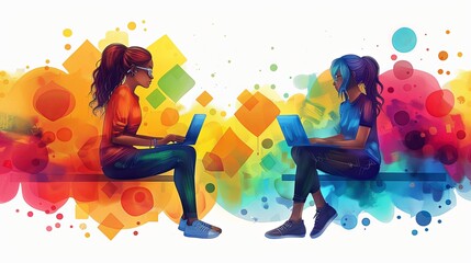 Wall Mural - Cartoon characters graphic design workers, online chats and abstract web page frames. Geometric shapes, online worker concept with laptop in doodle style. Creative people artists with pencils