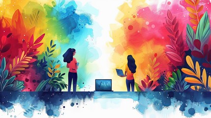 Wall Mural - Cartoon characters graphic design workers, online chats and abstract web page frames. Geometric shapes, online worker concept with laptop in doodle style. Creative people artists with pencils