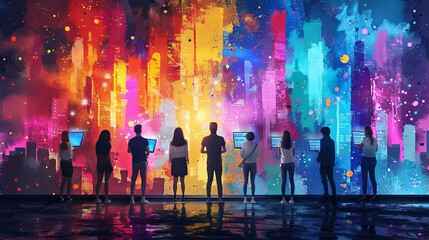 Wall Mural - Cartoon characters graphic design workers, online chats and abstract web page frames. Geometric shapes, online worker concept with laptop in doodle style. Creative people artists with pencils