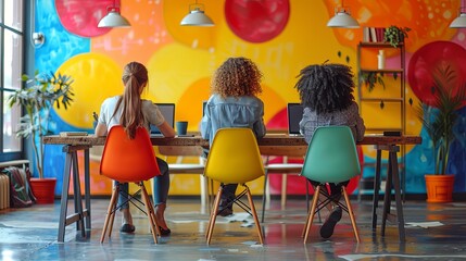 Wall Mural - Cartoon characters graphic design workers, online chats and abstract web page frames. Geometric shapes, online worker concept with laptop in doodle style. Creative people artists with pencils