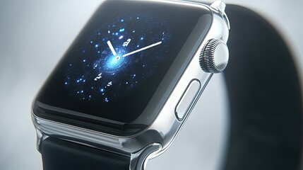 Smartwatch, sleek silver finish, displaying a holographic interface, glowing under soft ambient light