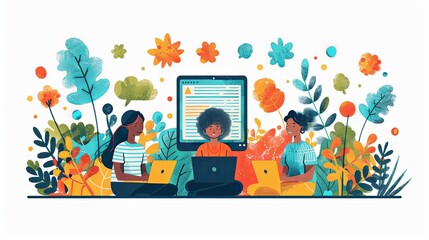 Wall Mural - Cartoon characters graphic design workers, online chats and abstract web page frames. Geometric shapes, online worker concept with laptop in doodle style. Creative people artists with pencils