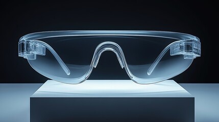 Wearable augmented reality contact lenses with integrated HUD, transparent and smart, on a display stand, softly illuminated