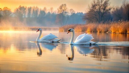 Canvas Print - Swans gracefully gliding on a serene lake , majestic, elegant, birds, wildlife, nature, peaceful, water, reflection, beauty