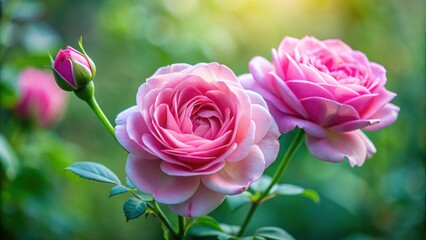 Two pink rose flowers in full bloom and buds , pink, rose, flowers, bloom, buds, close-up, petals, beauty, blooming, flora