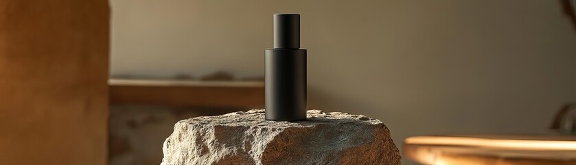 A sleek black perfume bottle placed on a rough, textured stone pedestal in soft natural light