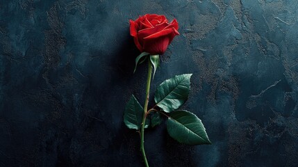 Wall Mural - Solitary blood-red rose on a dark backdrop, its vibrant petals contrasted against the deep shadows