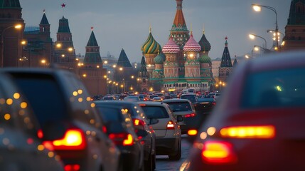 Congested Traffic in Front of the Kremlin with St  Basil s Cathedral in the Background