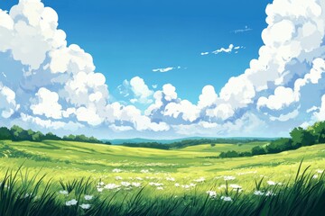 A vast green meadow with white flowers stretches out under a bright blue sky dotted with fluffy white clouds.