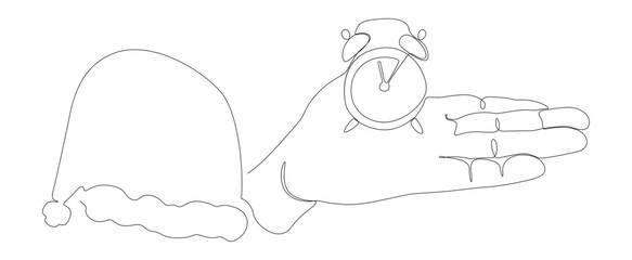 Poster - One continuous line of alarm clock with Santa Claus Hat. Thin Line Illustration vector time of Christmas concept. Contour Drawing Creative ideas.