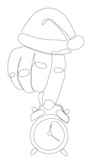 Poster - One continuous line of alarm clock with Santa Claus Hat. Thin Line Illustration vector time of Christmas concept. Contour Drawing Creative ideas.