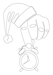 Poster - One continuous line of alarm clock with Santa Claus Hat. Thin Line Illustration vector time of Christmas concept. Contour Drawing Creative ideas.