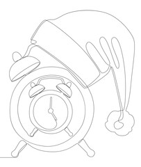 Poster - One continuous line of alarm clock with Santa Claus Hat. Thin Line Illustration vector time of Christmas concept. Contour Drawing Creative ideas.