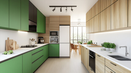 Wall Mural - Modern Kitchen Design with Green and Wood Cabinets. Perfect for Home Decor and Interior Design Projects.