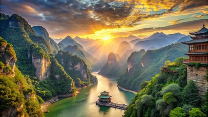 Vibrant hues illuminate the Three Gorges' towering grandeur, China, where ancient tales unfold beneath the radiant sun.