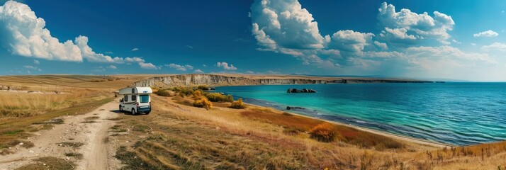 Wall Mural - Camper Van Parked by the Turquoise Lake