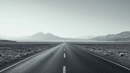 Desert road under a clear sky, minimalist, monochrome, high contrast, endless journey